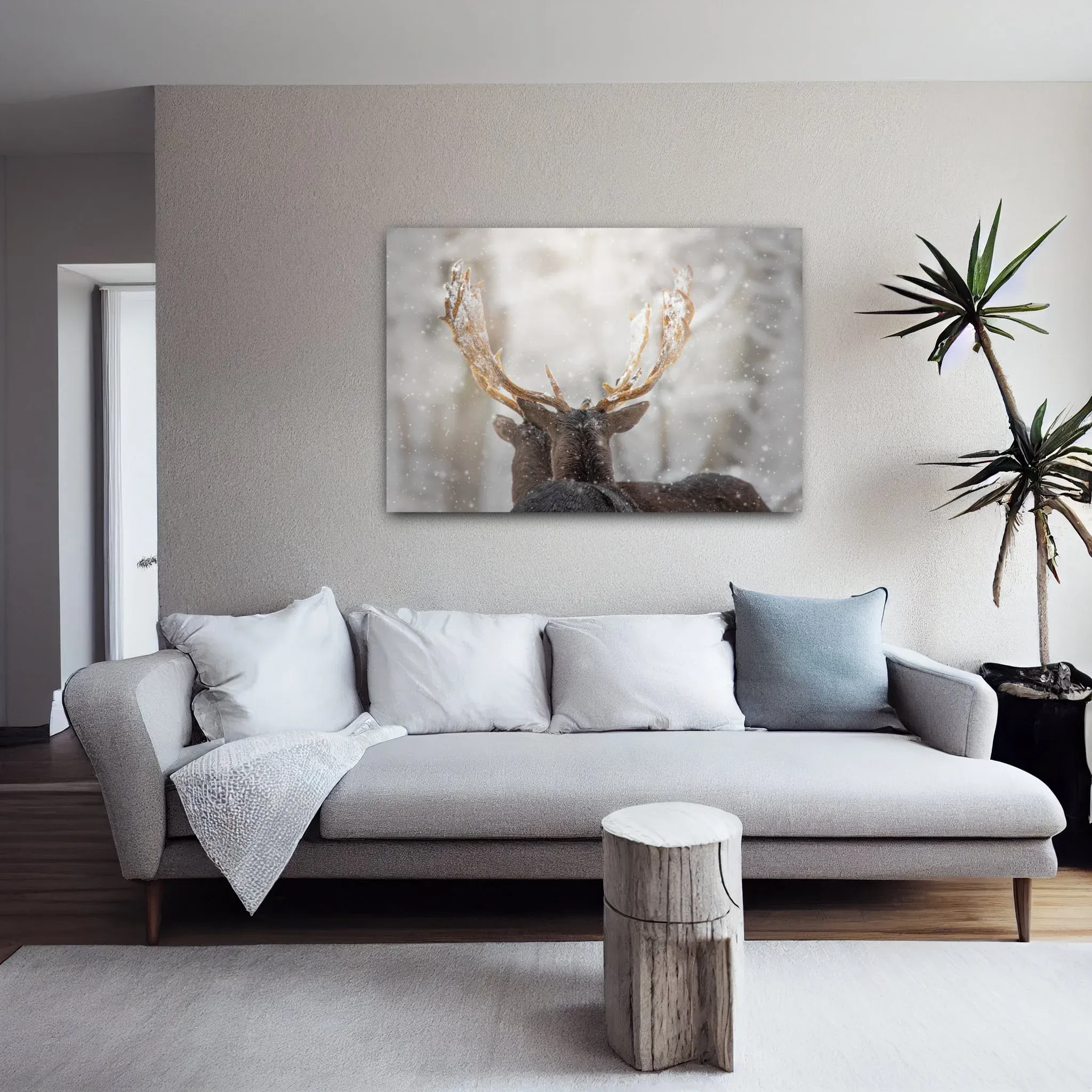 Mockup: Fine-Art-Print mit Damwild-Motiv im Wohnzimmer